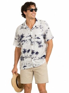 Palmwave Navy White Hawaiian Shirt Men’s Large Island Print Vacationcore Aloha